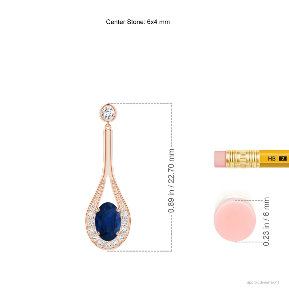 6x4mm AA Oval Blue Sapphire Long Drop Earrings with Diamond in Rose Gold ruler