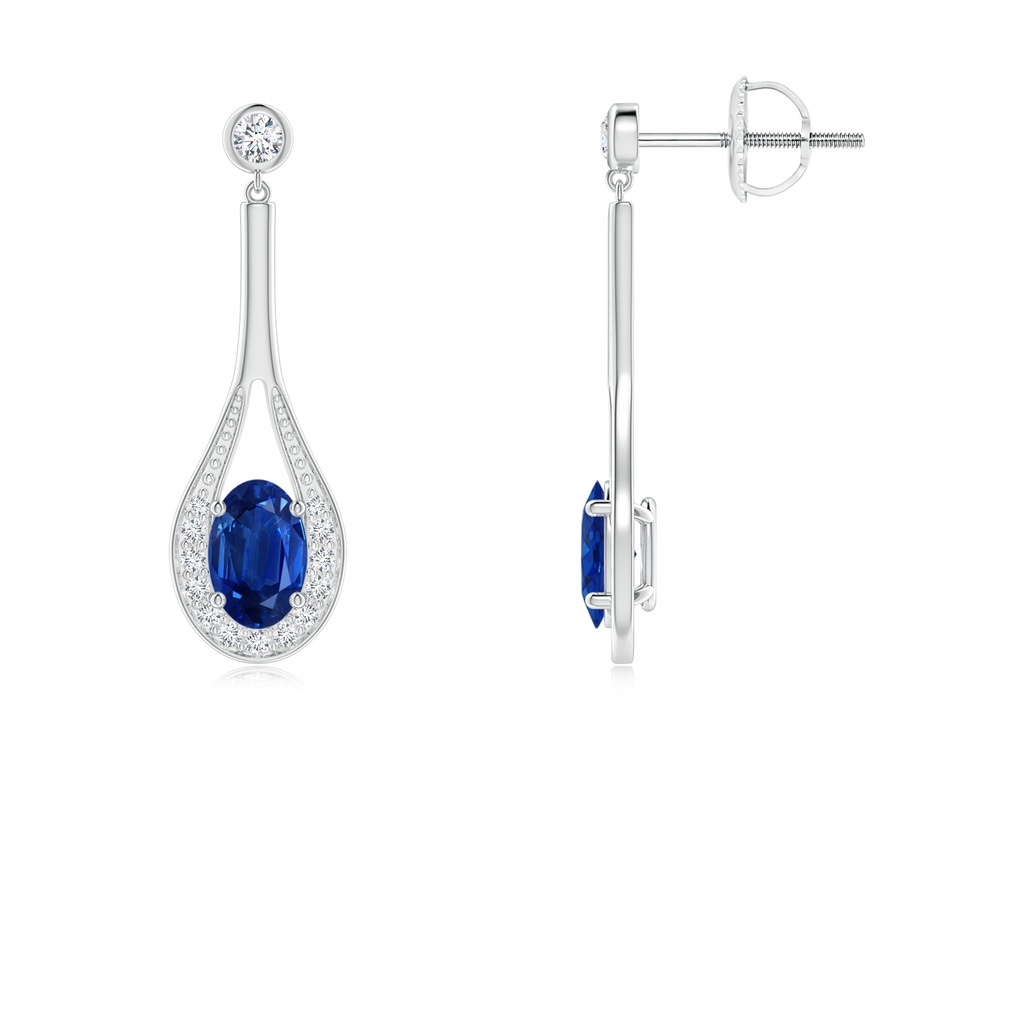 6x4mm AAA Oval Blue Sapphire Long Drop Earrings with Diamond in 10K White Gold