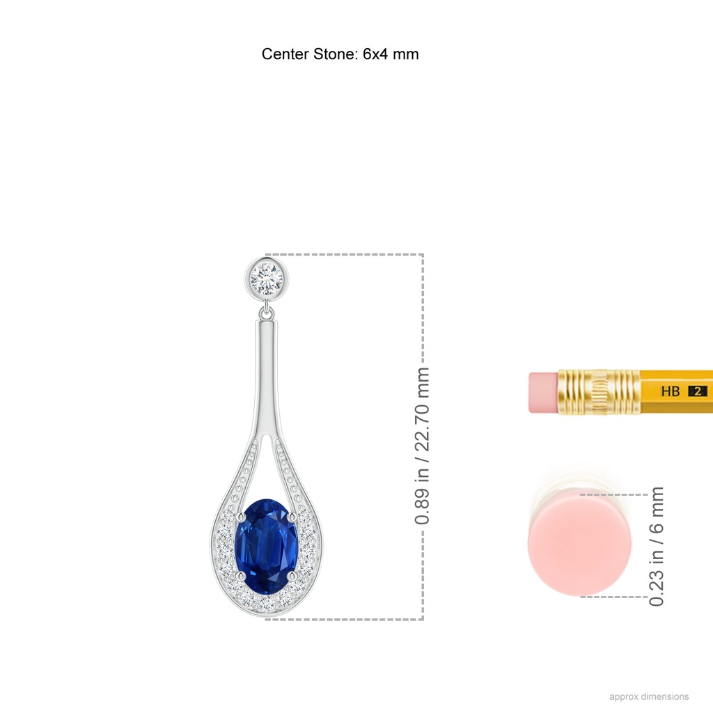 6x4mm AAA Oval Blue Sapphire Long Drop Earrings with Diamond in 10K White Gold Ruler
