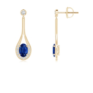 6x4mm AAA Oval Blue Sapphire Long Drop Earrings with Diamond in Yellow Gold