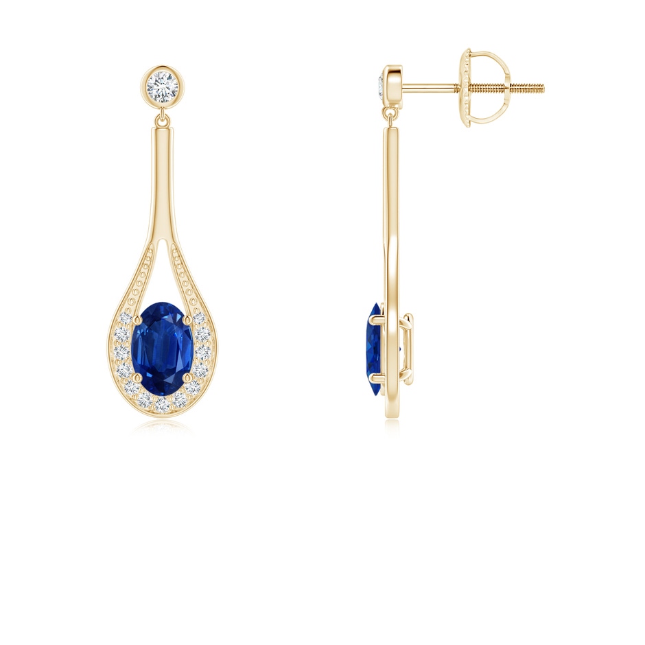 6x4mm AAA Oval Blue Sapphire Long Drop Earrings with Diamond in Yellow Gold 