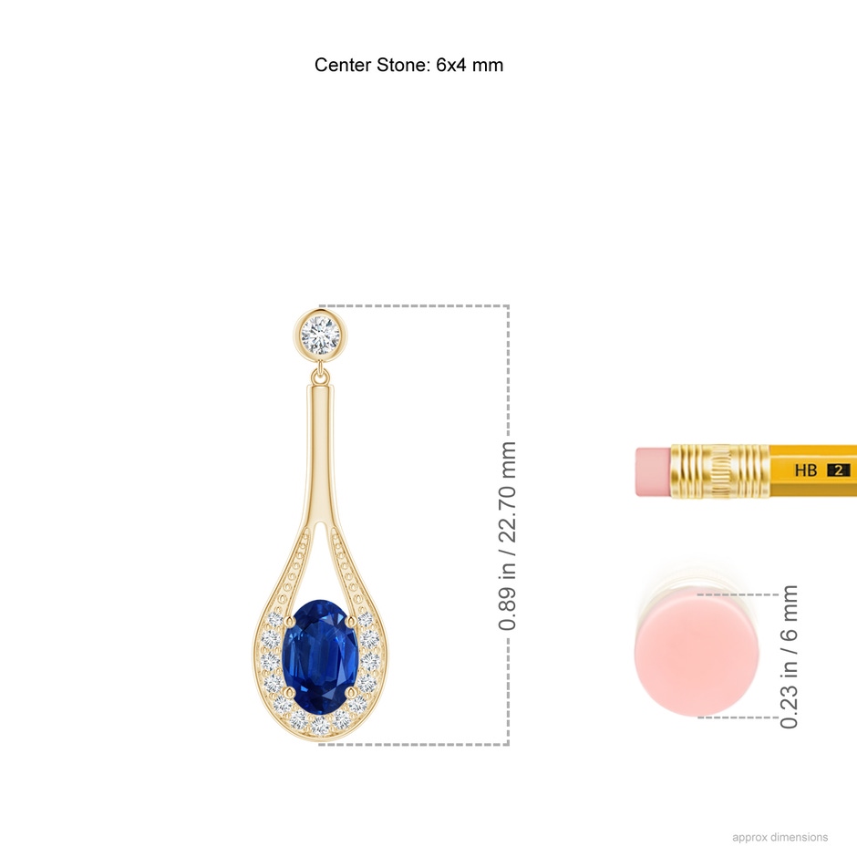 6x4mm AAA Oval Blue Sapphire Long Drop Earrings with Diamond in Yellow Gold ruler