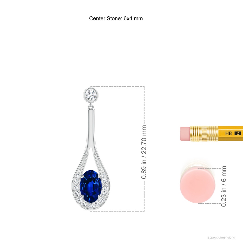 6x4mm Lab-Grown Oval Blue Sapphire Long Drop Earrings with Diamond in P950 Platinum ruler
