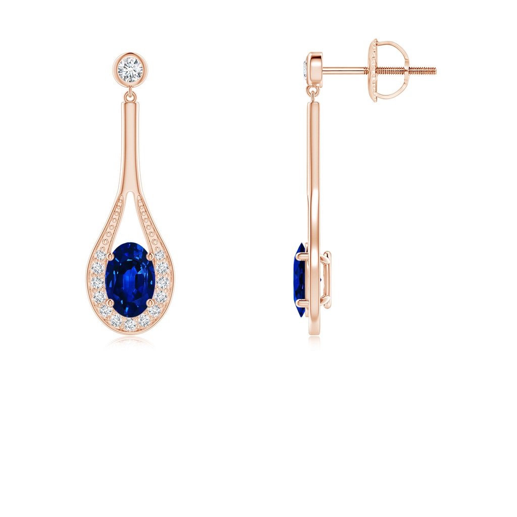 6x4mm AAAA Oval Blue Sapphire Long Drop Earrings with Diamond in Rose Gold