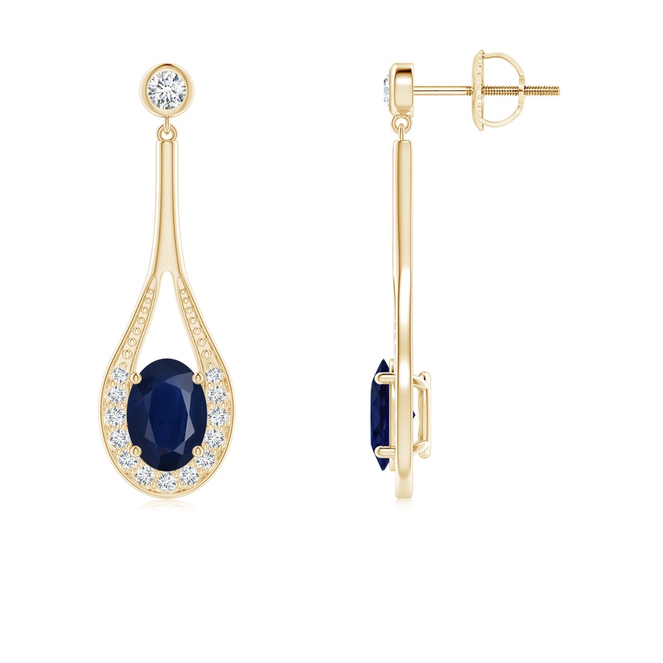 7x5mm A Oval Blue Sapphire Long Drop Earrings with Diamond in Yellow Gold 
