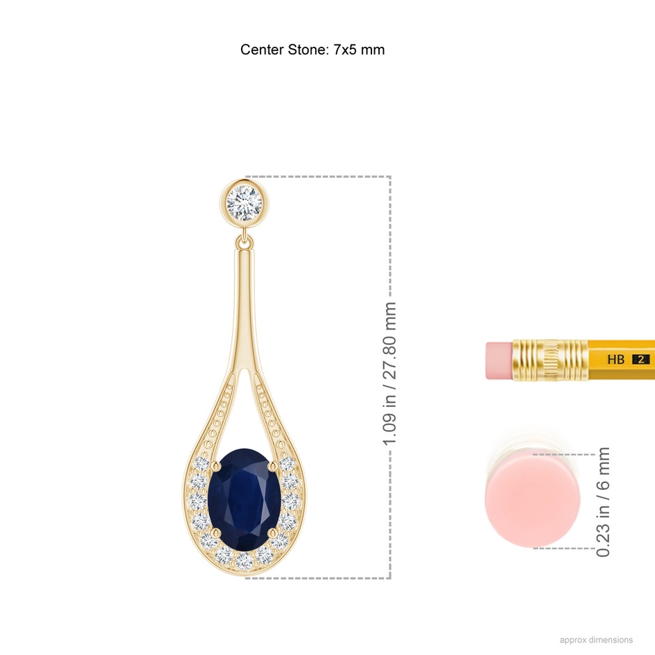 7x5mm A Oval Blue Sapphire Long Drop Earrings with Diamond in Yellow Gold ruler