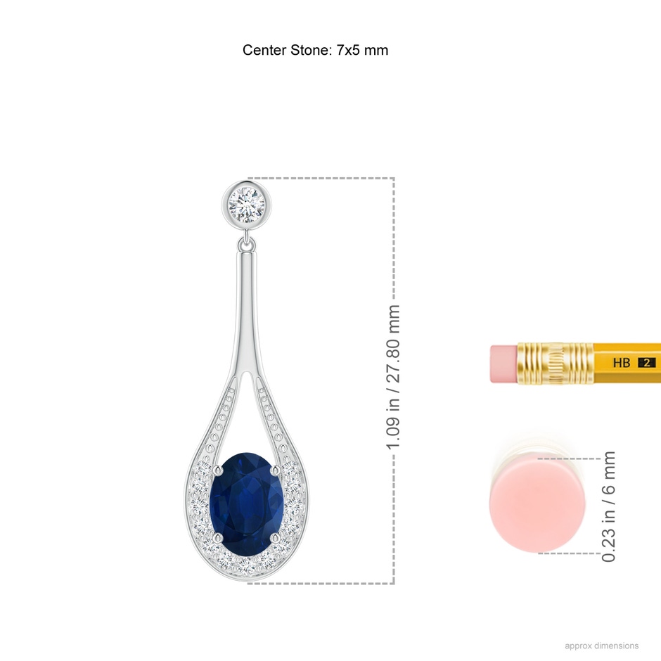 7x5mm AA Oval Blue Sapphire Long Drop Earrings with Diamond in White Gold ruler