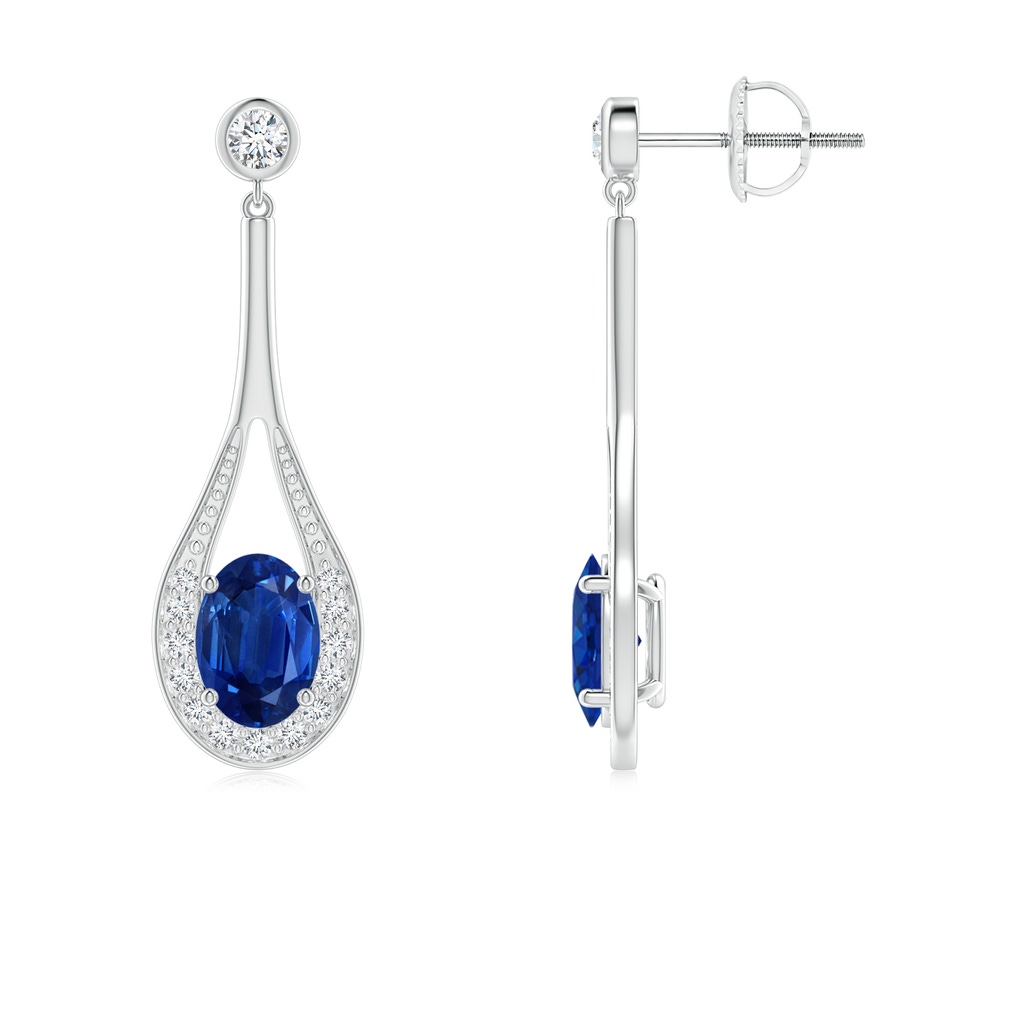 7x5mm AAA Oval Blue Sapphire Long Drop Earrings with Diamond in White Gold