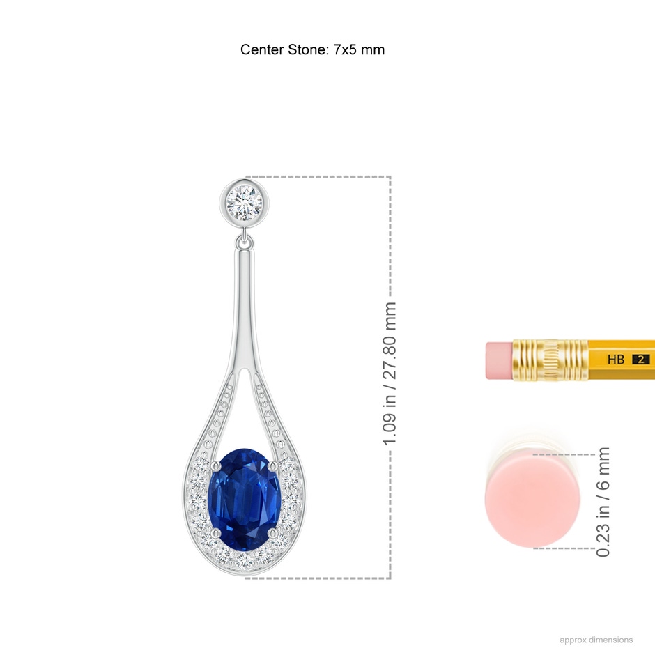 7x5mm AAA Oval Blue Sapphire Long Drop Earrings with Diamond in White Gold ruler