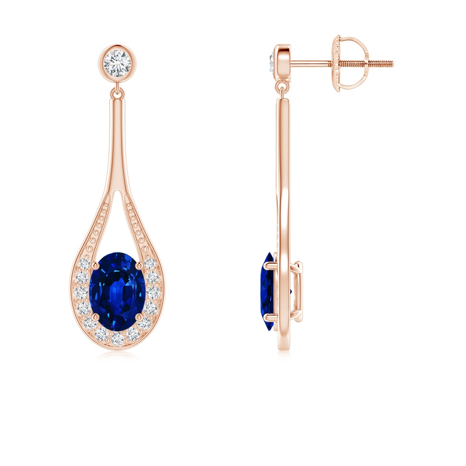 7x5mm AAAA Oval Blue Sapphire Long Drop Earrings with Diamond in Rose Gold 
