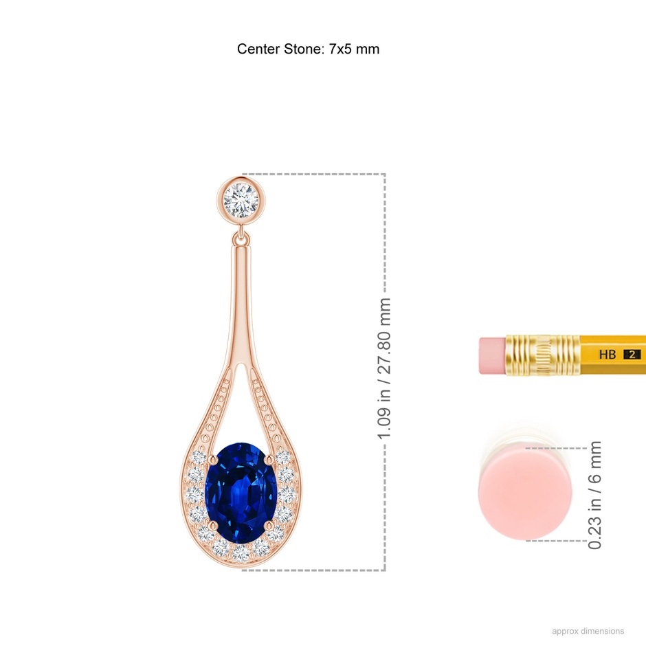 7x5mm AAAA Oval Blue Sapphire Long Drop Earrings with Diamond in Rose Gold ruler