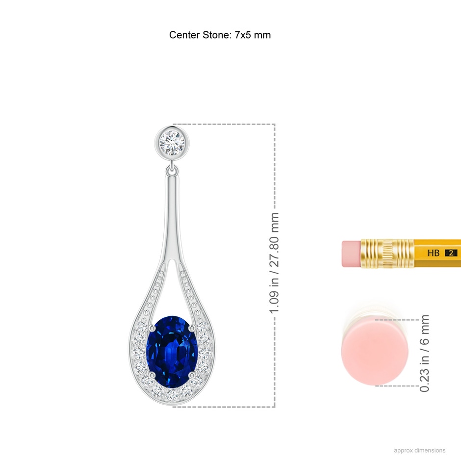 7x5mm Lab-Grown Oval Blue Sapphire Long Drop Earrings with Diamond in White Gold ruler