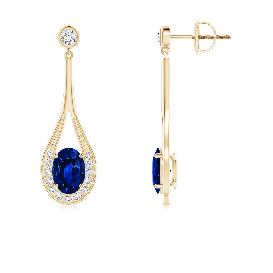 7x5mm AAAA Oval Blue Sapphire Long Drop Earrings with Diamond in Yellow Gold 