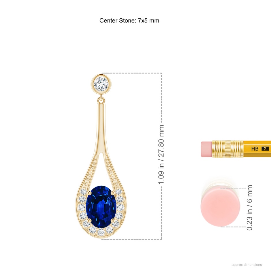 7x5mm AAAA Oval Blue Sapphire Long Drop Earrings with Diamond in Yellow Gold ruler