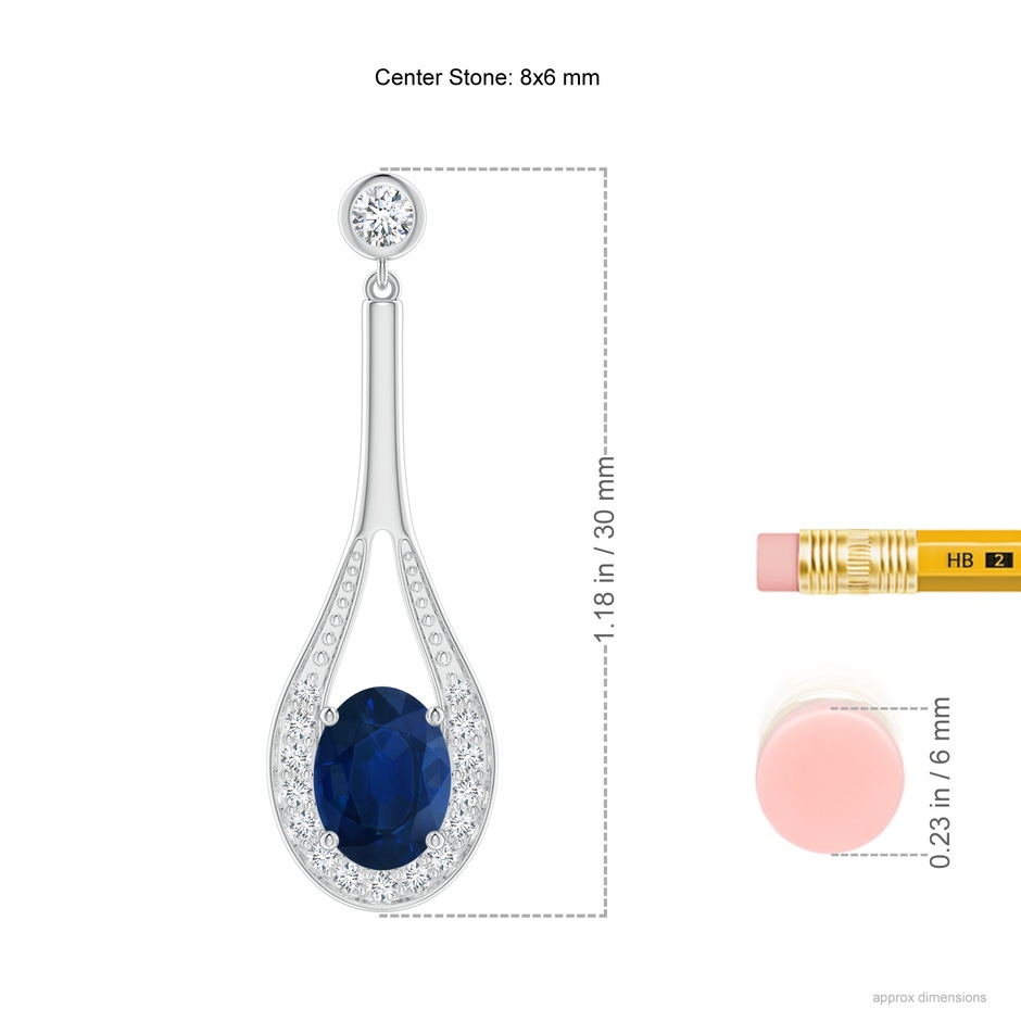 8x6mm AA Oval Blue Sapphire Long Drop Earrings with Diamond in P950 Platinum ruler