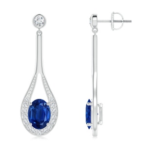 8x6mm AAA Oval Blue Sapphire Long Drop Earrings with Diamond in P950 Platinum