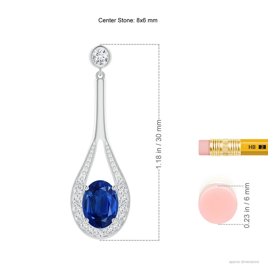 8x6mm AAA Oval Blue Sapphire Long Drop Earrings with Diamond in P950 Platinum ruler