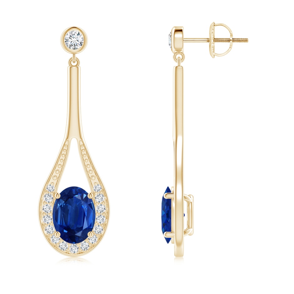 8x6mm AAA Oval Blue Sapphire Long Drop Earrings with Diamond in Yellow Gold 
