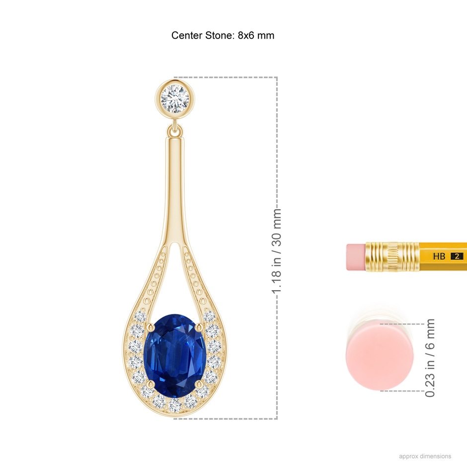 8x6mm AAA Oval Blue Sapphire Long Drop Earrings with Diamond in Yellow Gold ruler