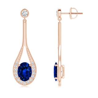 8x6mm AAAA Oval Blue Sapphire Long Drop Earrings with Diamond in 10K Rose Gold