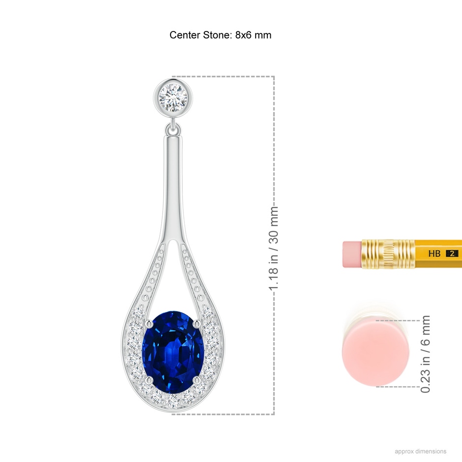 8x6mm AAAA Oval Blue Sapphire Long Drop Earrings with Diamond in P950 Platinum ruler