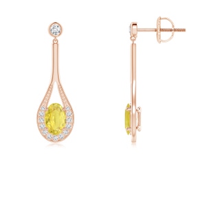 6x4mm A Oval Yellow Sapphire Long Drop Earrings with Diamond in 10K Rose Gold