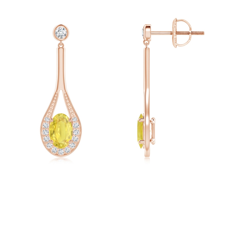 6x4mm A Oval Yellow Sapphire Long Drop Earrings with Diamond in Rose Gold 