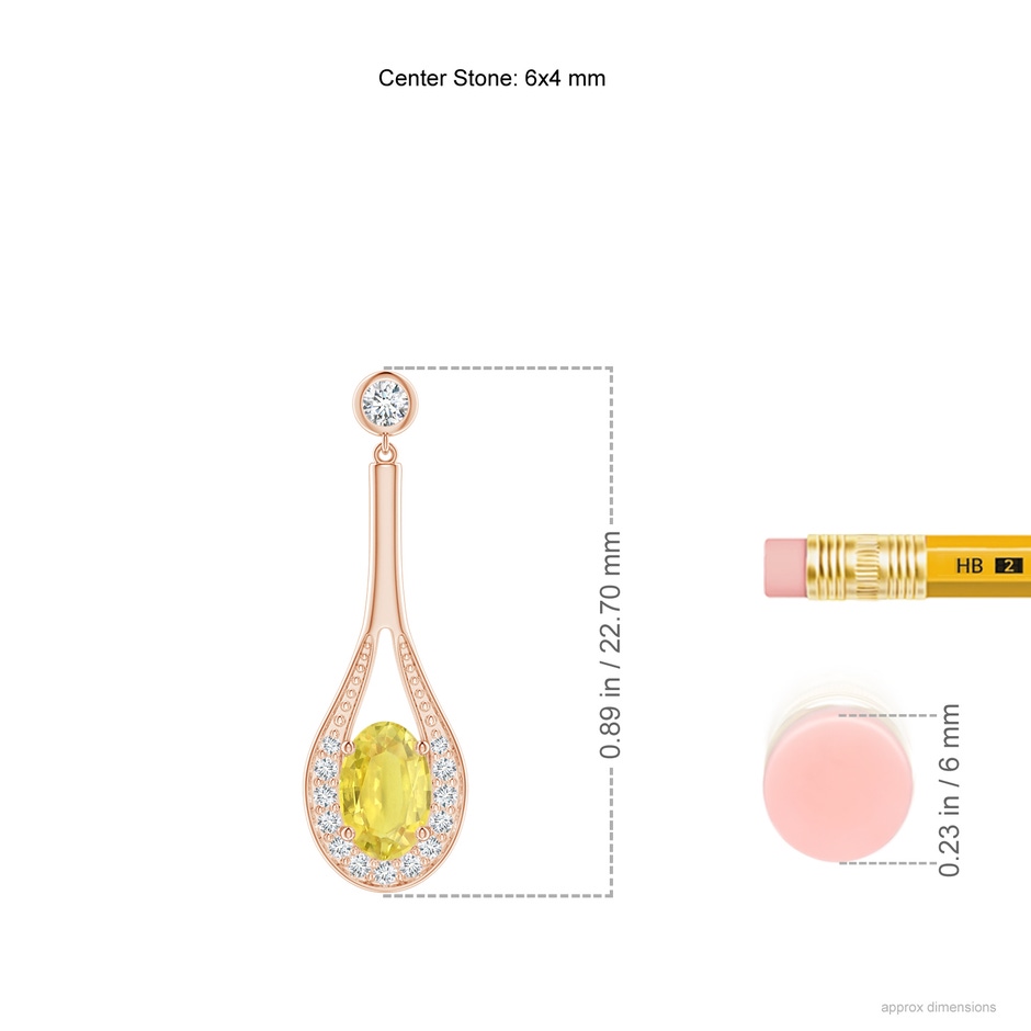 6x4mm A Oval Yellow Sapphire Long Drop Earrings with Diamond in Rose Gold ruler