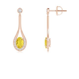 6x4mm AA Oval Yellow Sapphire Long Drop Earrings with Diamond in 10K Rose Gold