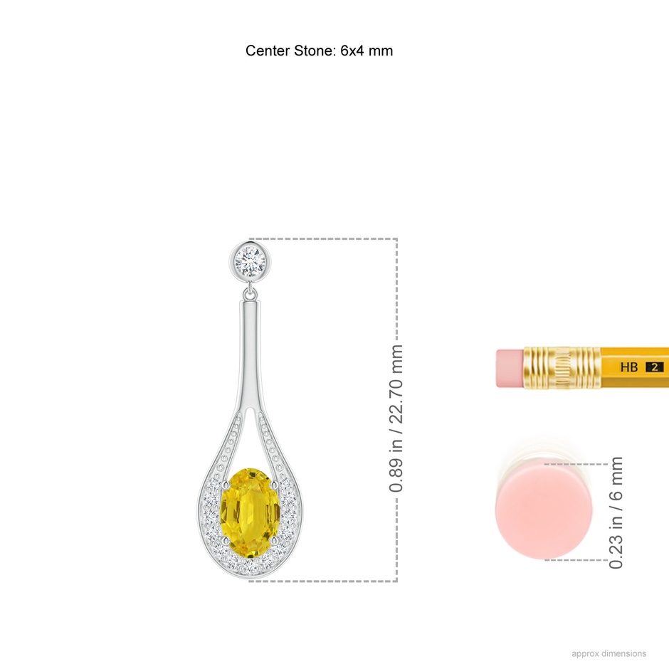 6x4mm AAA Oval Yellow Sapphire Long Drop Earrings with Diamond in White Gold ruler