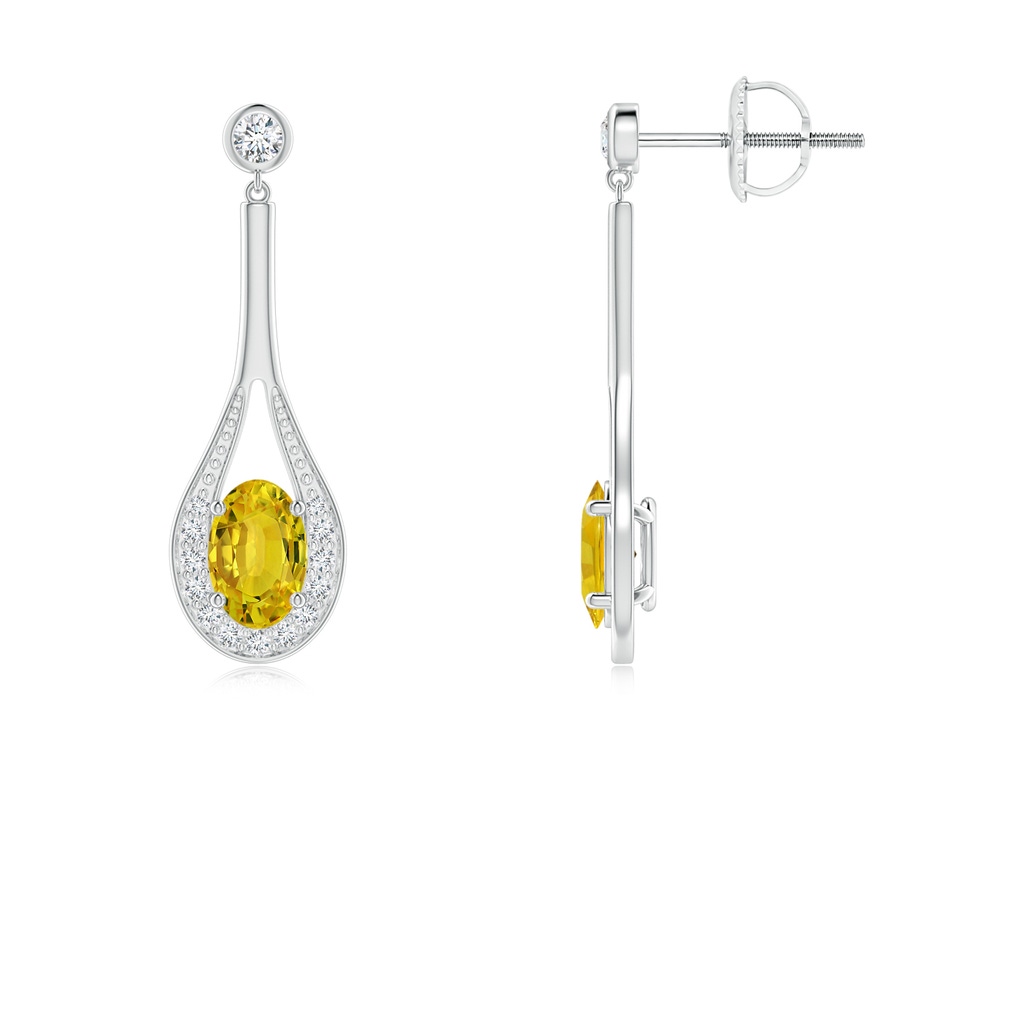 6x4mm AAAA Oval Yellow Sapphire Long Drop Earrings with Diamond in P950 Platinum