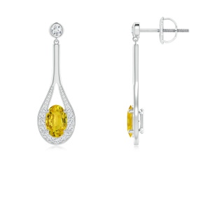 6x4mm AAAA Oval Yellow Sapphire Long Drop Earrings with Diamond in White Gold