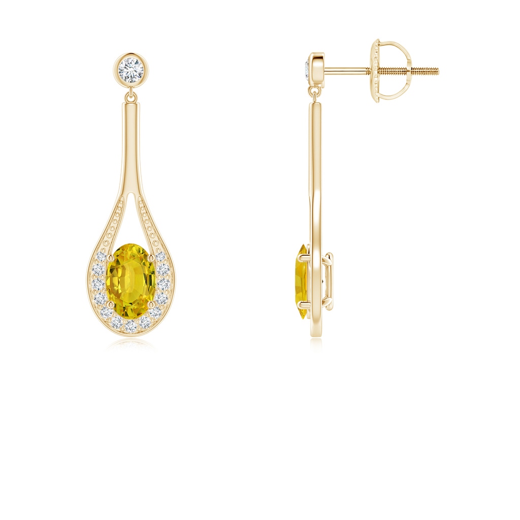 6x4mm AAAA Oval Yellow Sapphire Long Drop Earrings with Diamond in Yellow Gold