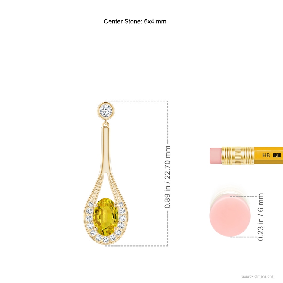 6x4mm AAAA Oval Yellow Sapphire Long Drop Earrings with Diamond in Yellow Gold ruler
