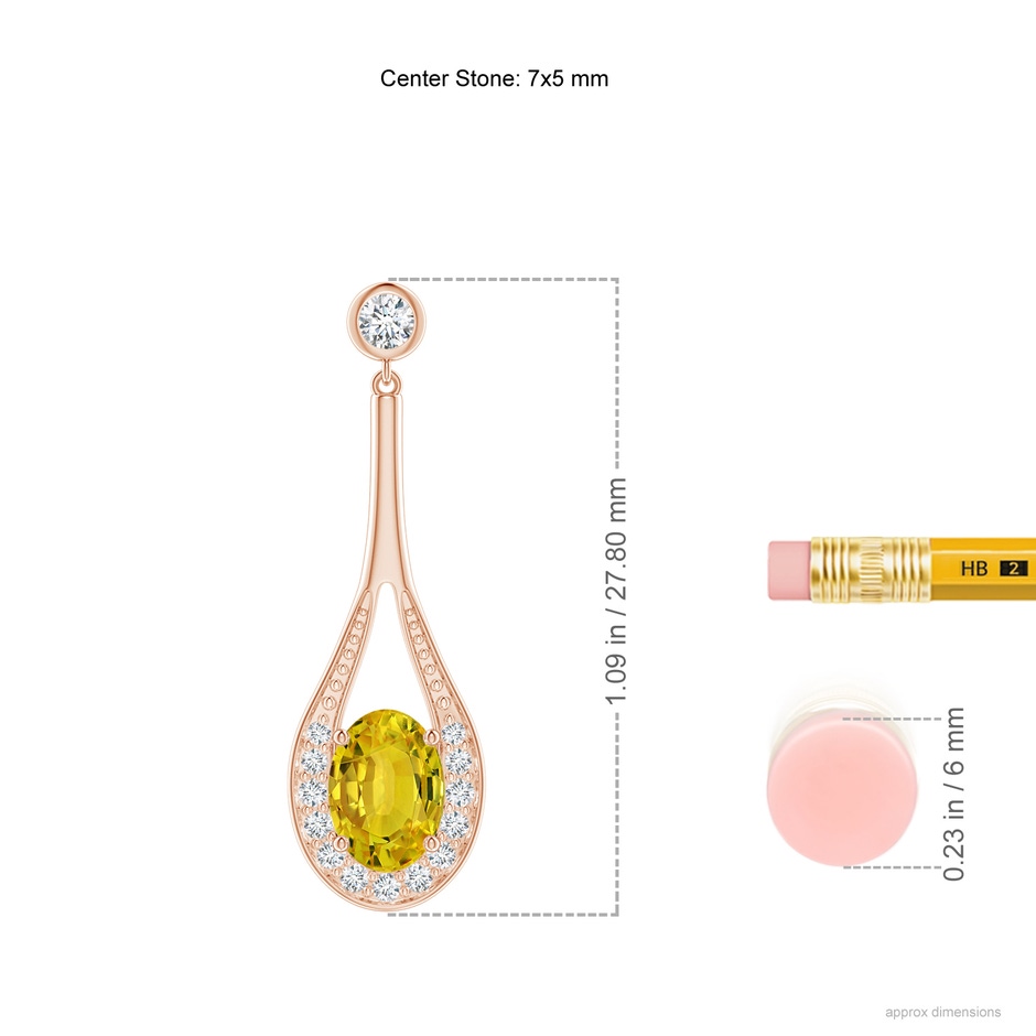 7x5mm AAAA Oval Yellow Sapphire Long Drop Earrings with Diamond in Rose Gold ruler