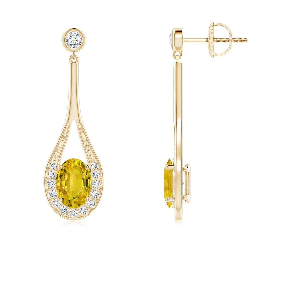 7x5mm AAAA Oval Yellow Sapphire Long Drop Earrings with Diamond in Yellow Gold