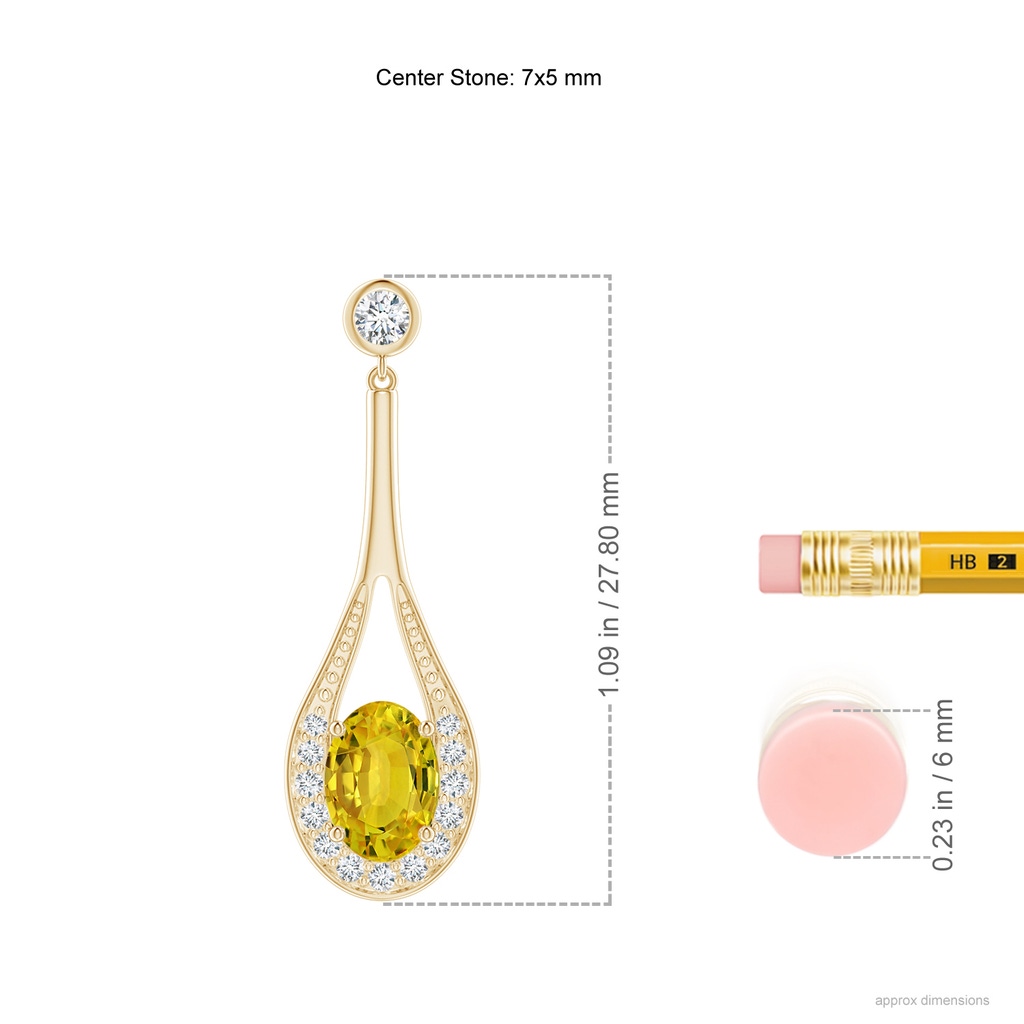 7x5mm AAAA Oval Yellow Sapphire Long Drop Earrings with Diamond in Yellow Gold Ruler