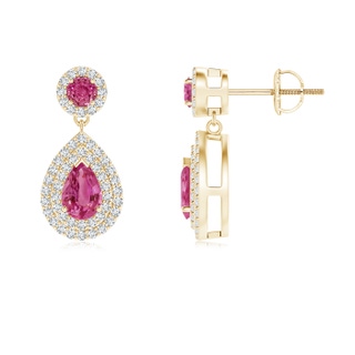 6x4mm AAAA Pear and Round Pink Sapphire Drop Earrings with Diamonds in 9K Yellow Gold
