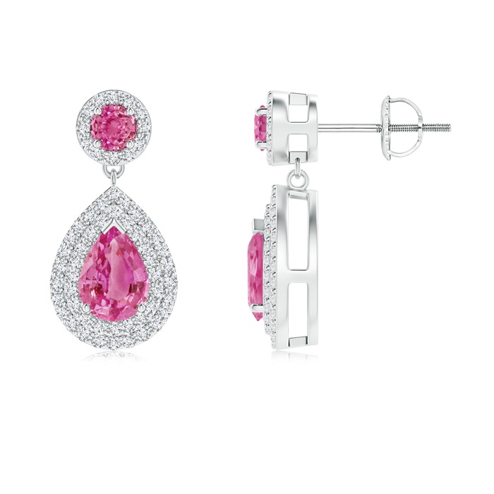 7x5mm AAA Pear and Round Pink Sapphire Drop Earrings with Diamonds in White Gold