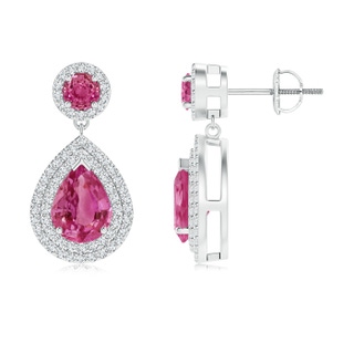 8x5mm AAAA Pear and Round Pink Sapphire Drop Earrings with Diamonds in P950 Platinum