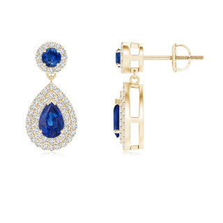 6x4mm AAA Pear and Round Blue Sapphire Drop Earrings with Diamonds in Yellow Gold