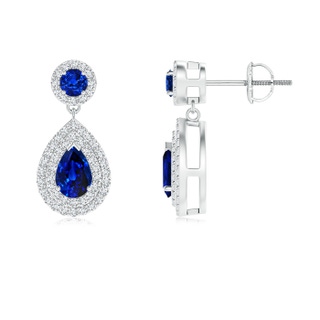 6x4mm AAAA Pear and Round Blue Sapphire Drop Earrings with Diamonds in White Gold
