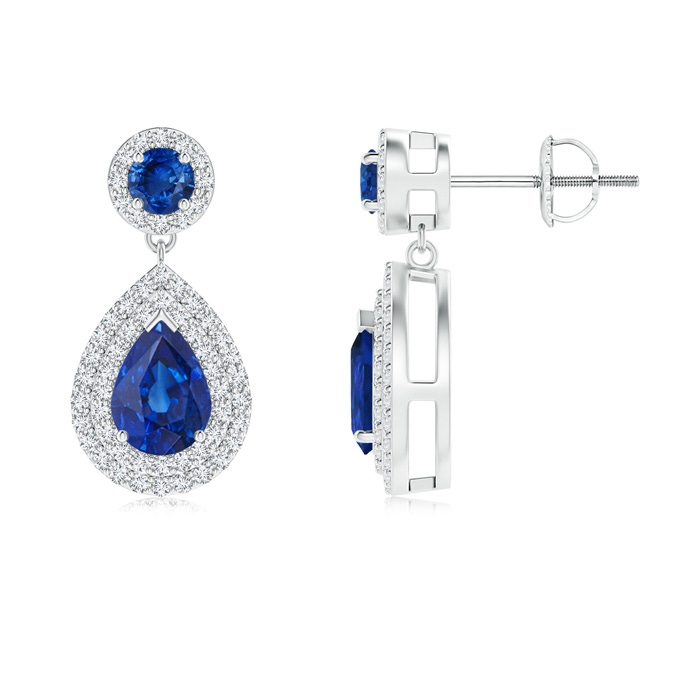 7x5mm AAA Pear and Round Blue Sapphire Drop Earrings with Diamonds in White Gold