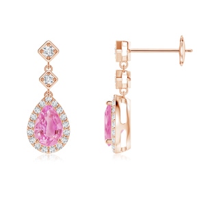 6x4mm A Pear Pink Sapphire Drop Earrings with Diamond Halo in 9K Rose Gold