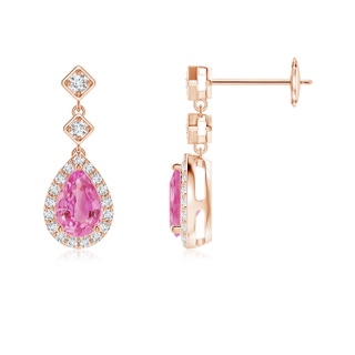 6x4mm AA Pear Pink Sapphire Drop Earrings with Diamond Halo in 9K Rose Gold