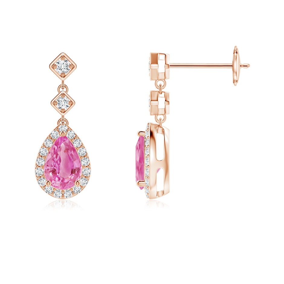 6x4mm AA Pear Pink Sapphire Drop Earrings with Diamond Halo in Rose Gold 
