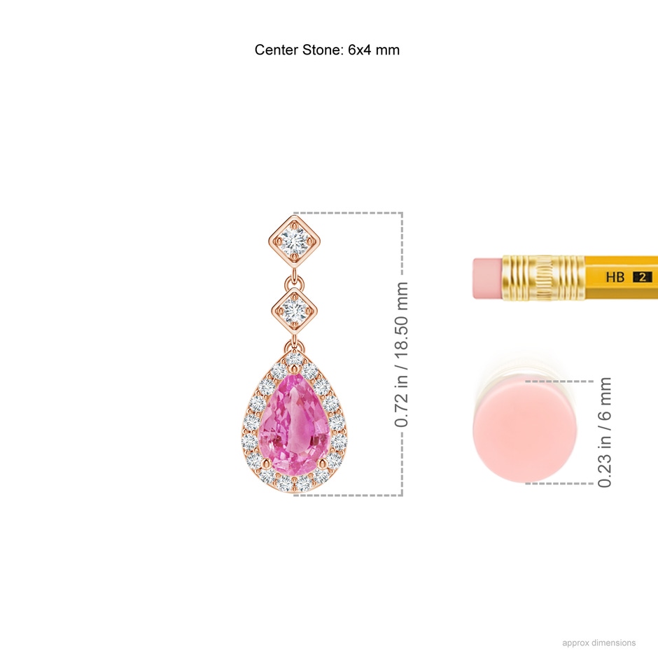 6x4mm AA Pear Pink Sapphire Drop Earrings with Diamond Halo in Rose Gold ruler