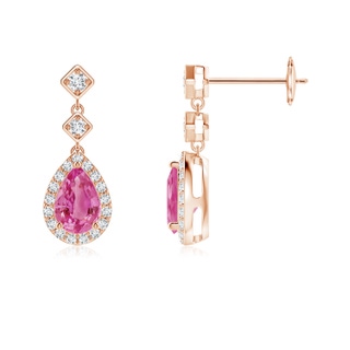 6x4mm AAA Pear Pink Sapphire Drop Earrings with Diamond Halo in 9K Rose Gold