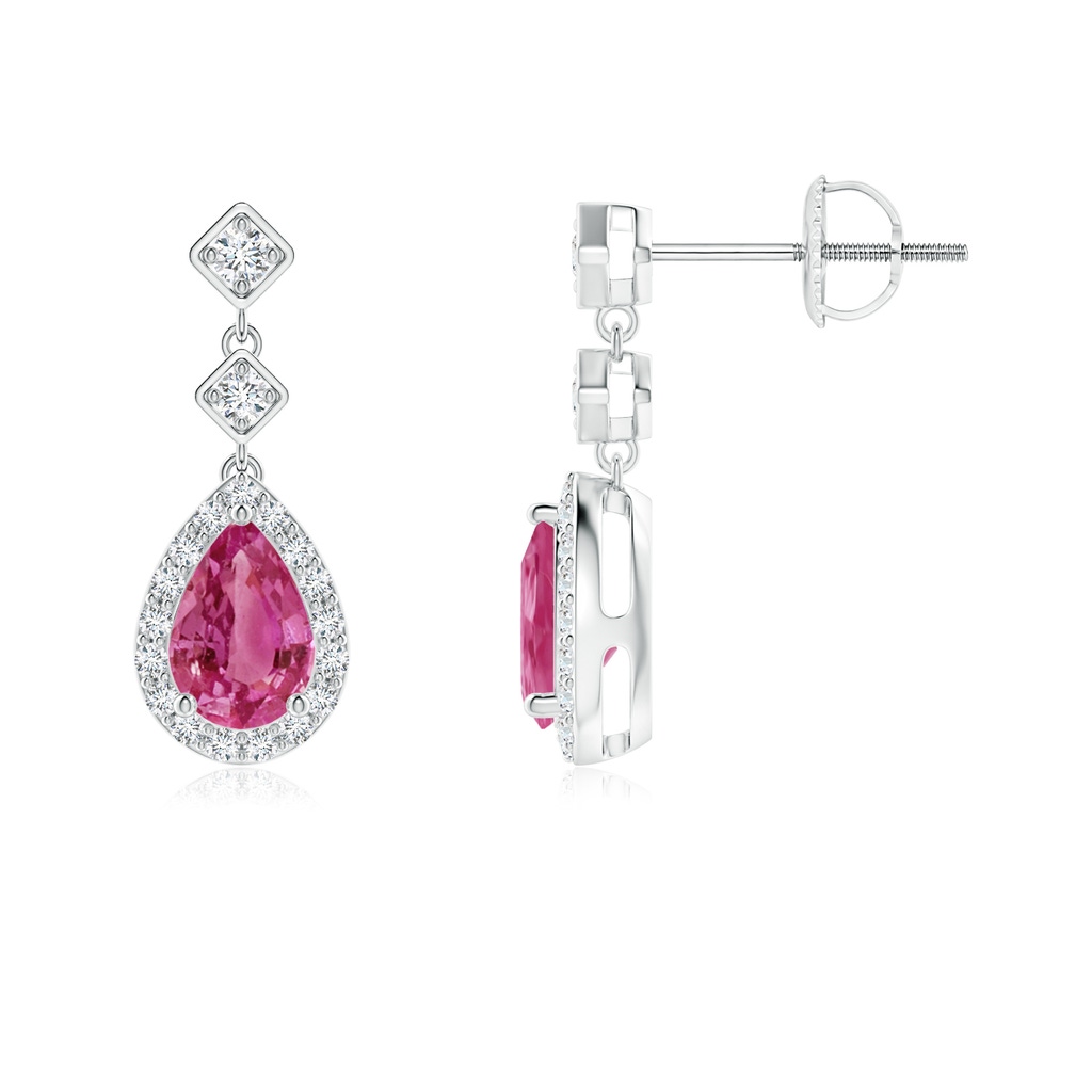 6x4mm AAAA Pear Pink Sapphire Drop Earrings with Diamond Halo in P950 Platinum