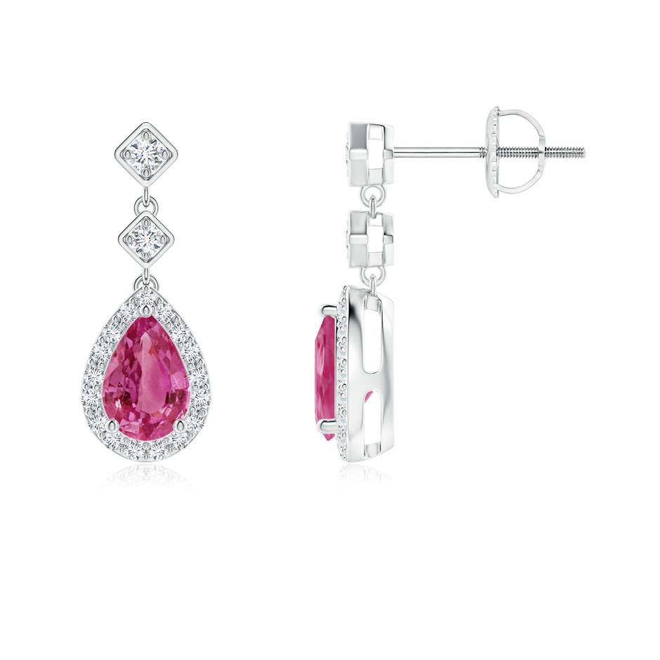6x4mm AAAA Pear Pink Sapphire Drop Earrings with Diamond Halo in P950 Platinum 